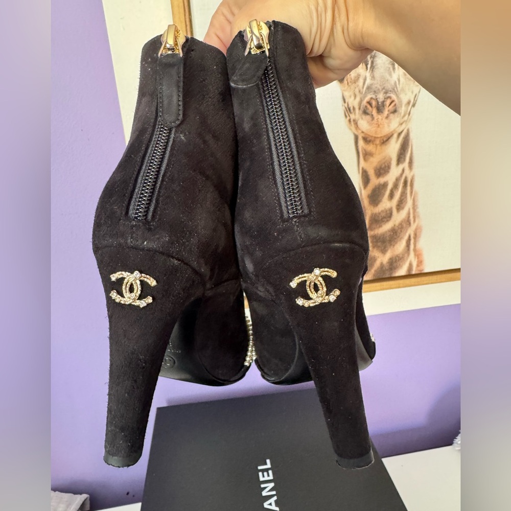 Chanel Black Pearl-Embellished Suede Ankle Boots - Women with golden CC heels - Picture 9 of 16